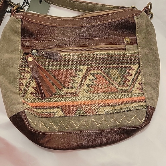 Nwt Myra Luana Leather & Upcycled Canvas Crossbody Bag Jacquard Boho-chic - Picture 8 of 11